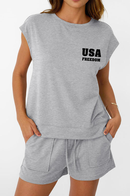 USA Freedom Graphic  Two Piece Set Back Wing Outfit