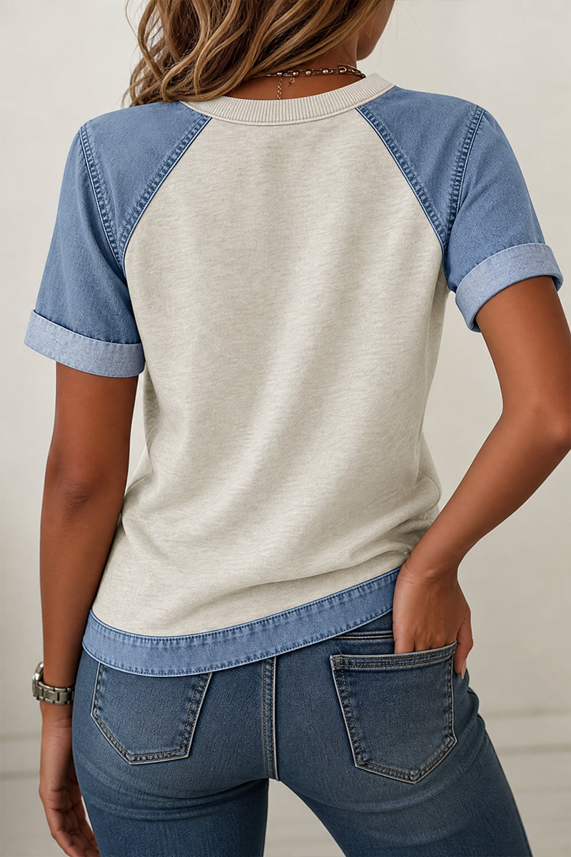 Patriotic Graphic Tee Denim Patchwork USA Back Print