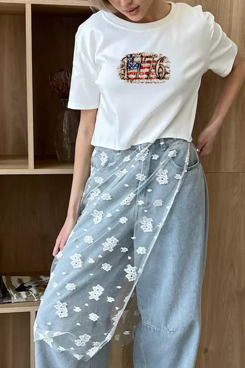 Vintage Patriotic Graphic Tee Lace Patchwork Top