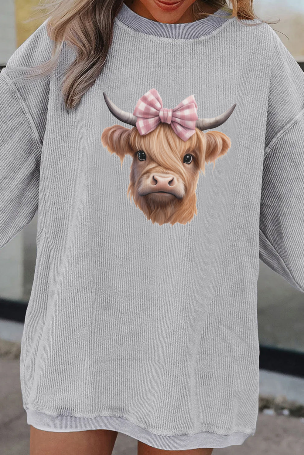 Western Graphic Highland Cow Bow Print Oversized Sweatshirt