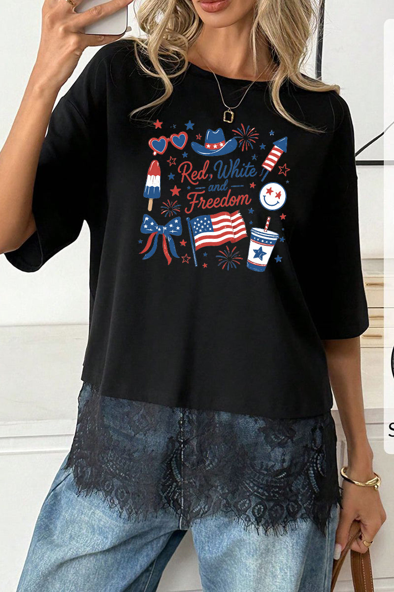 Patriotic Polyester Tee Red White Freedom 4th July Top