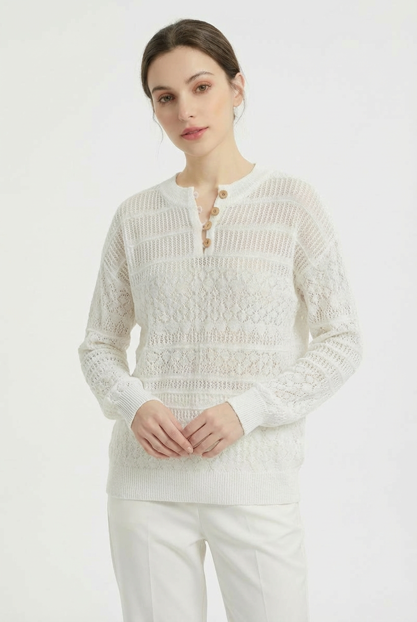 Open Knit Henley Button Long Sleeve Sweater