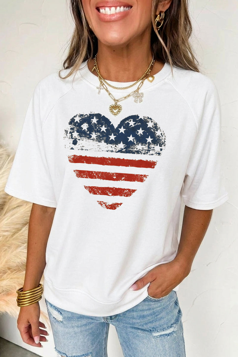 Independence Day American Flag Heart Graphic Tee Top