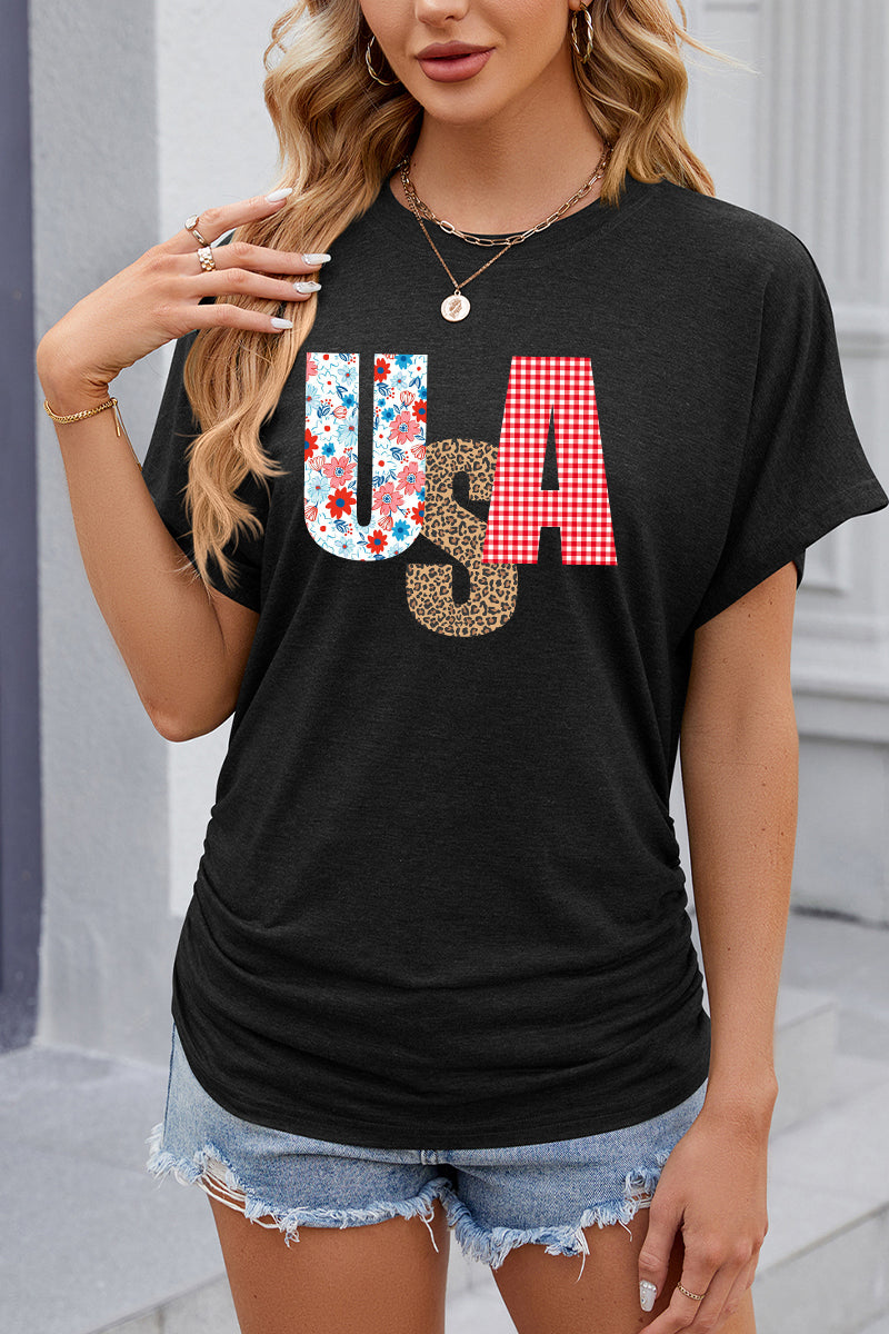 USA  Floral Graphic Casual Patriotic T Shirt