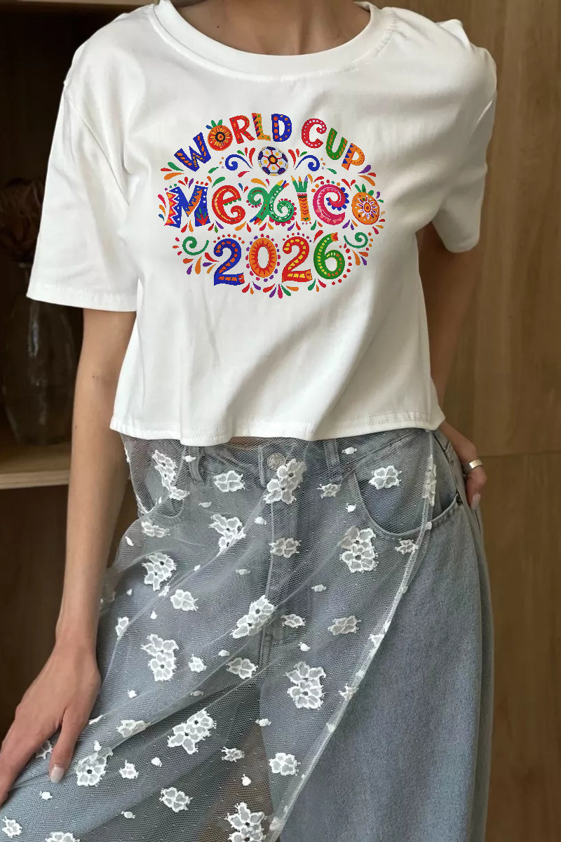 World Cup Mexico 2026 Graphic Crop Tee Colorful Soccer T Shirt Women