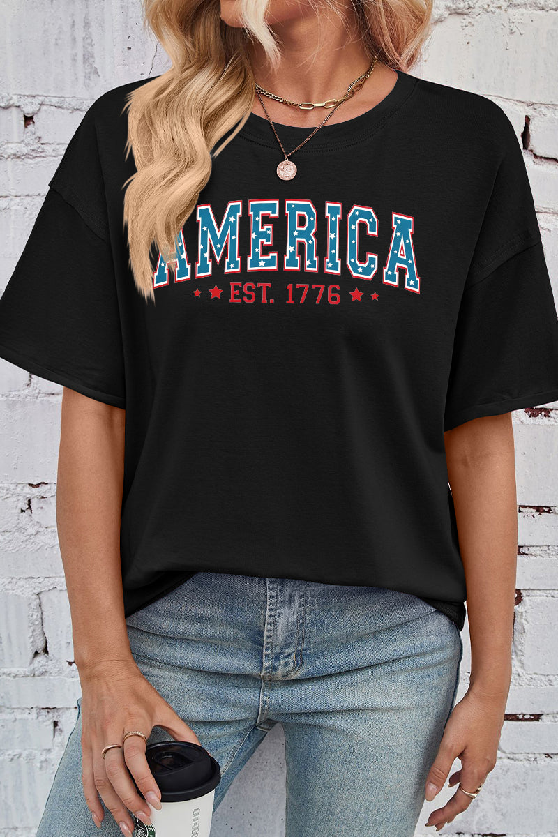 America EST 1776 Print Rayon Tee Oversized Patriotic Top