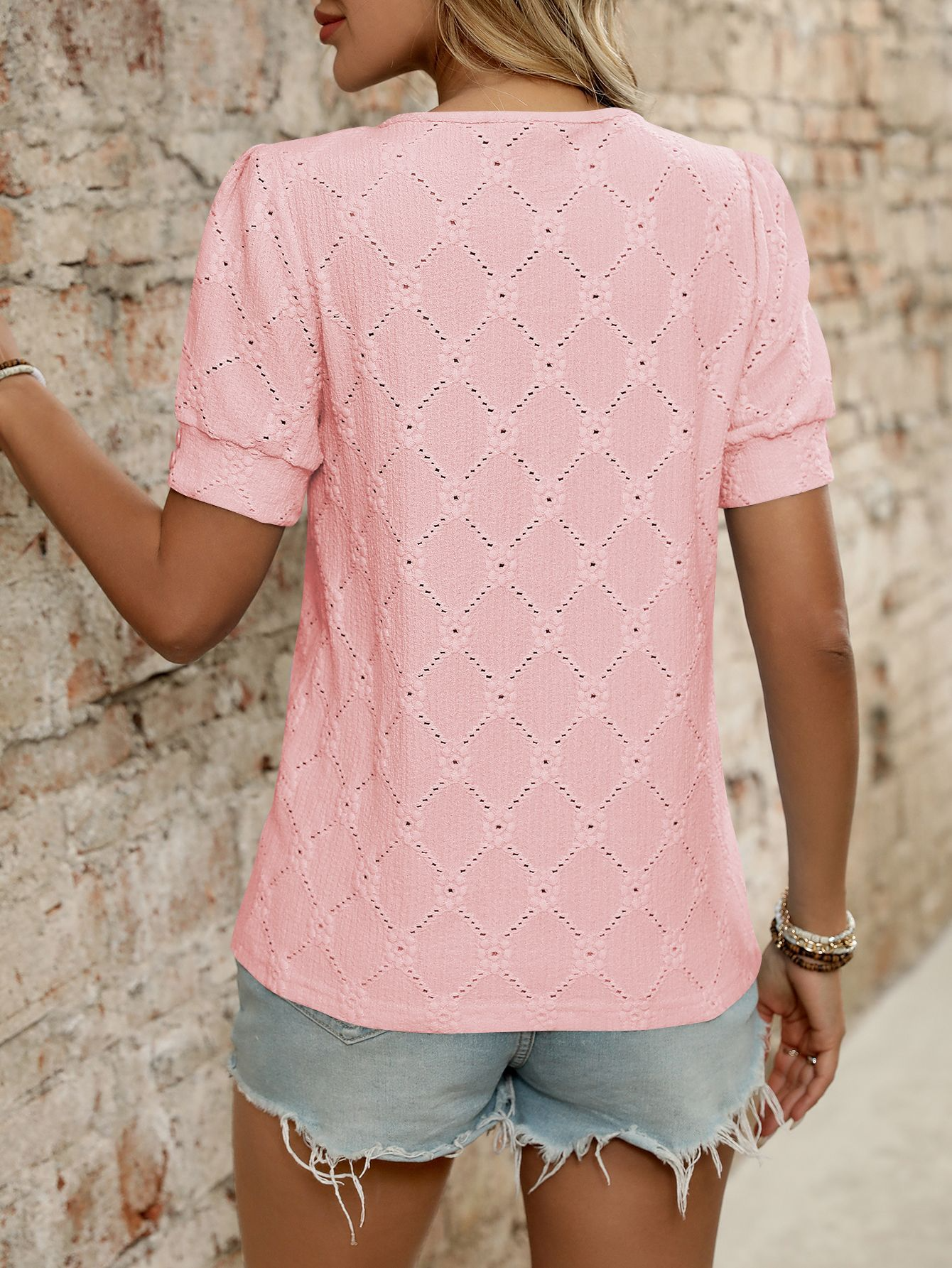 Women’s Eyelet Knit T Shirt Short Sleeve Summer Top