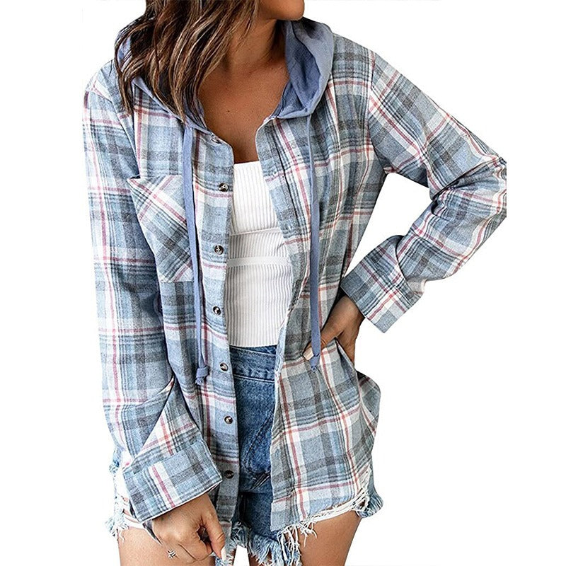 Plaid Hooded Shacket Button Front Oversized Fit
