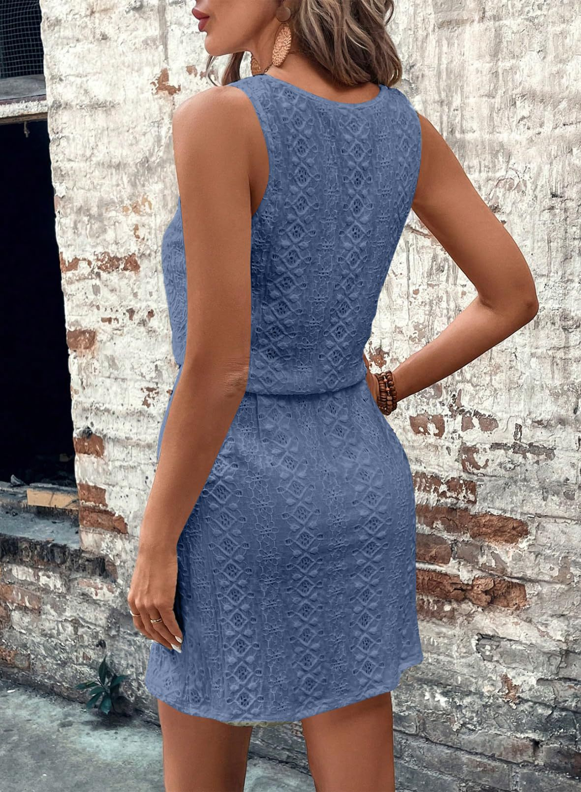 Sleeveless Eyelet Dress Square Neck Drawstring Summer