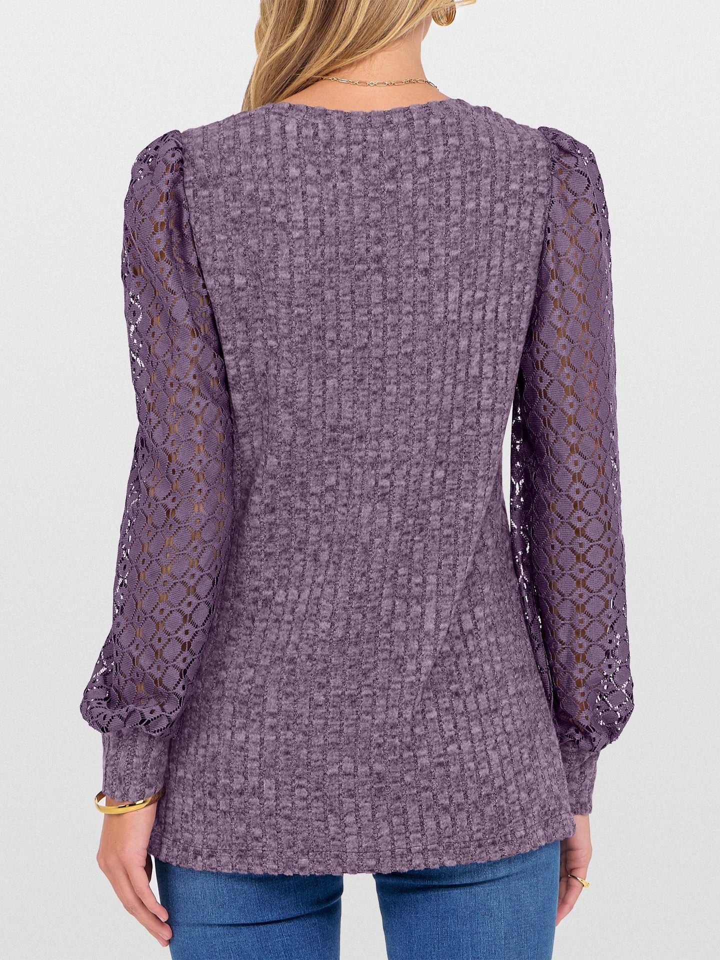 V-Neck Knit Top with Lace Puff Long Sleeves