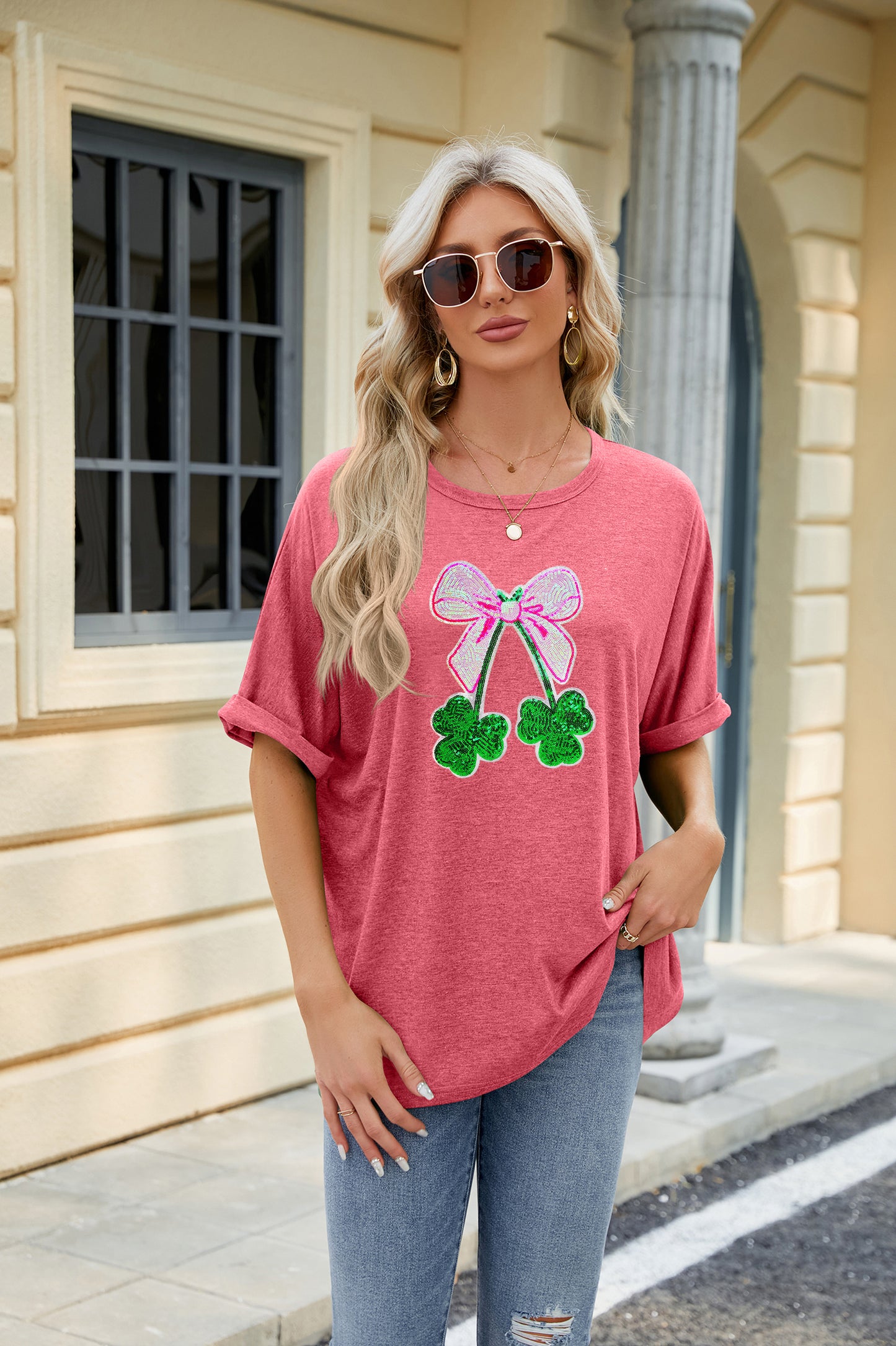 St Patrick’s Day Sequin Bow Clover Graphic Tee