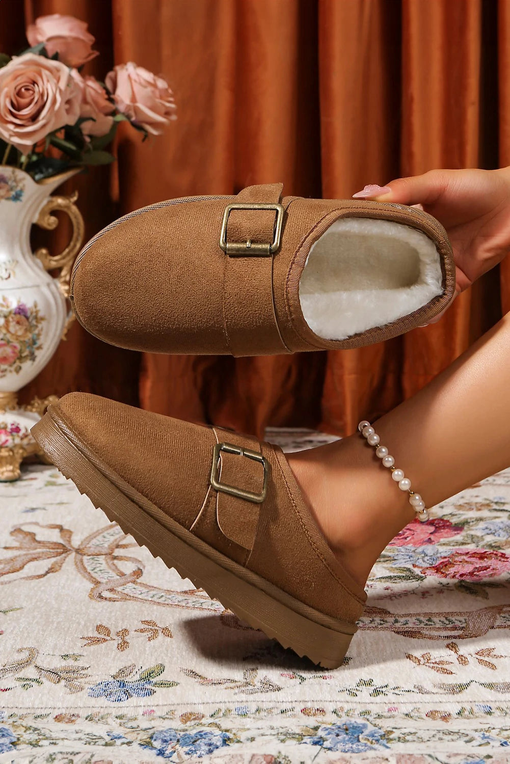 Black Faux Suede Buckle Strap Detail Winter Clog Slippers