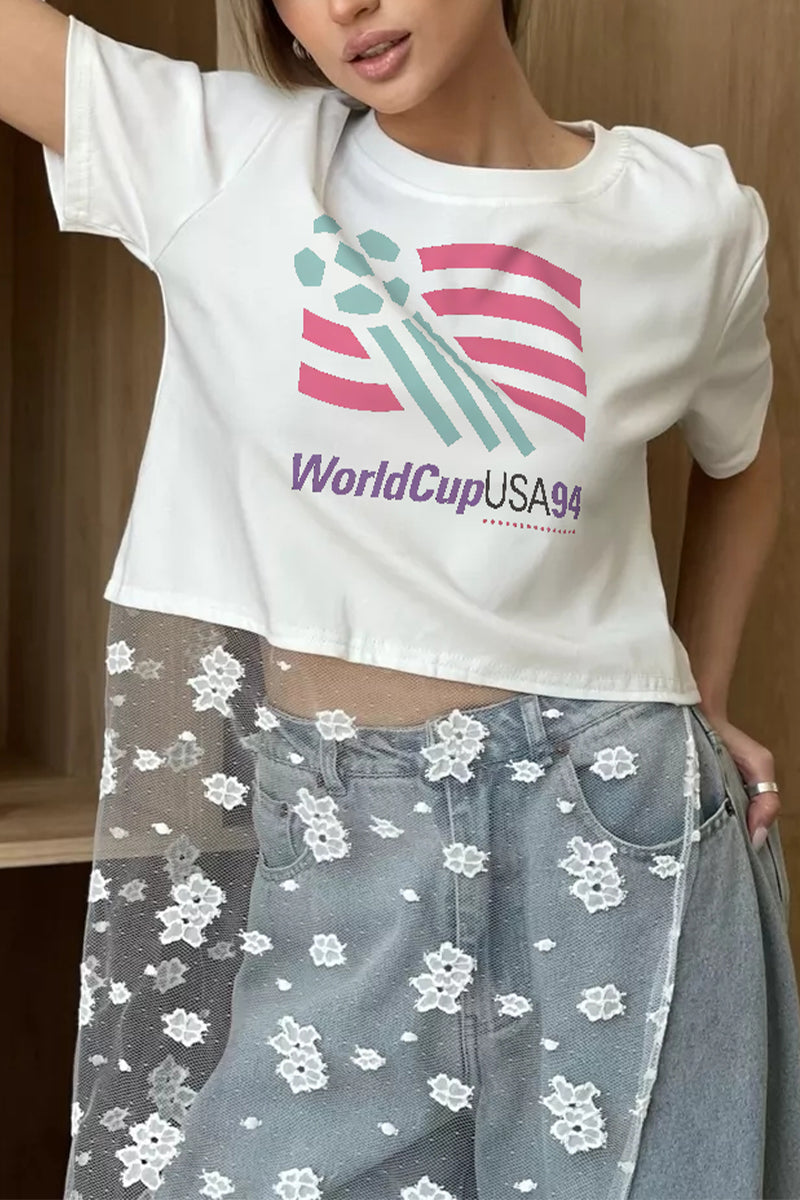 Vintage World Cup USA Graphic Crop Tee Casual Short Sleeve T Shirt
