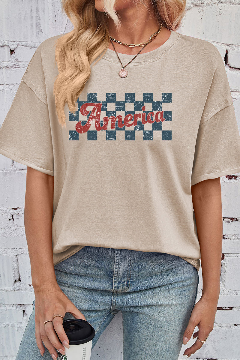 Checkerboard Graphic Rayon Tee Oversized Casual Top