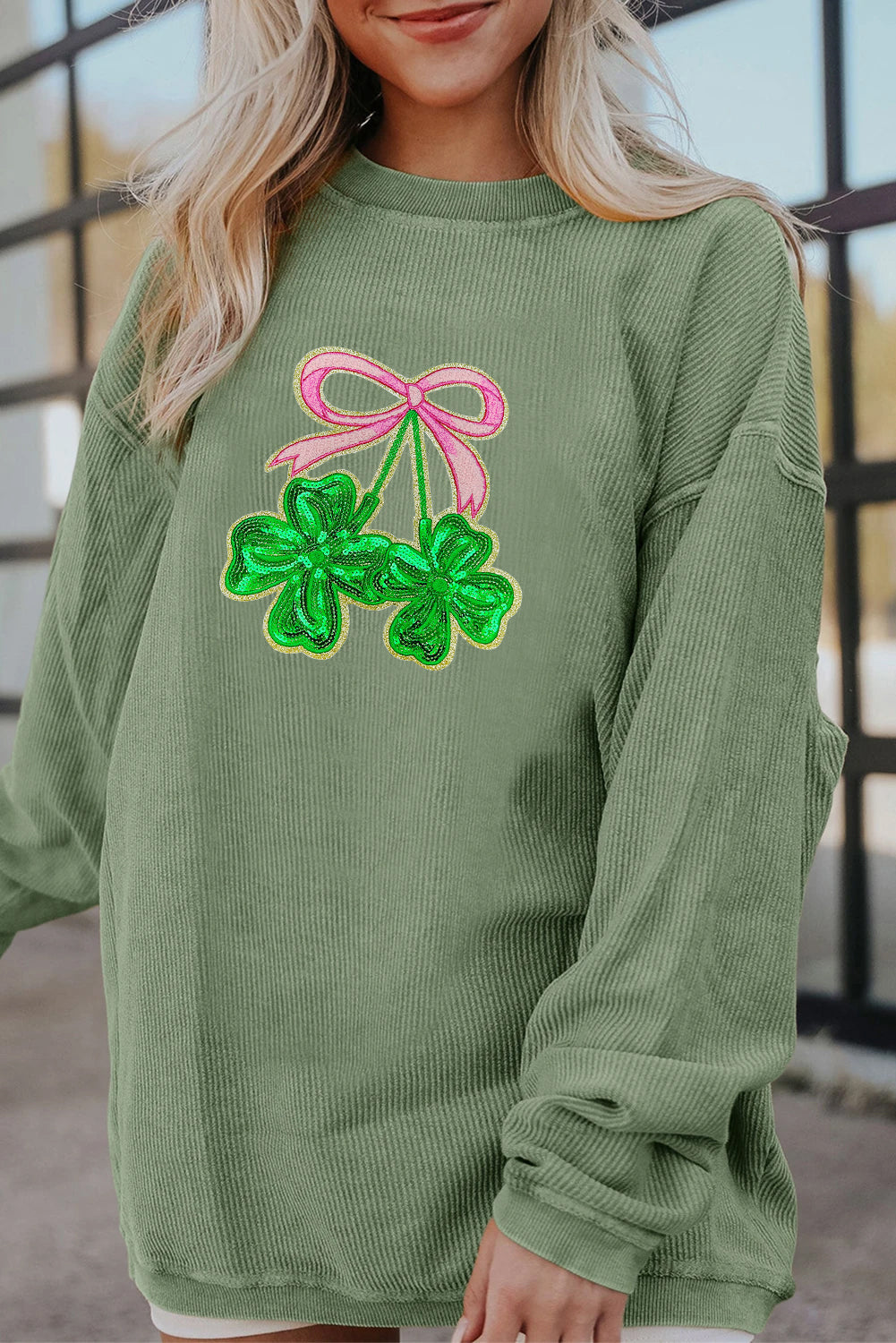 Saint Patrick’s Day LUCK Clover Graphic Corded Sweatshirt
