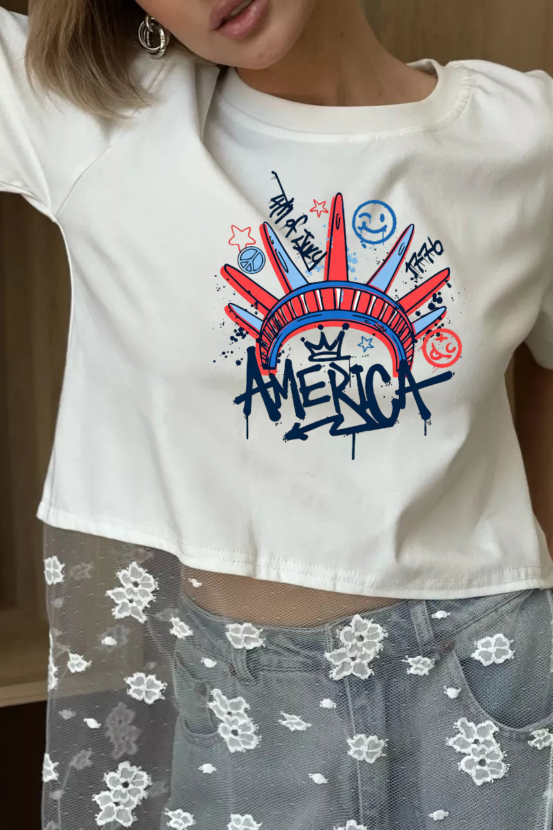 Patriotic Graphic Cotton Tee Lace Patchwork Top