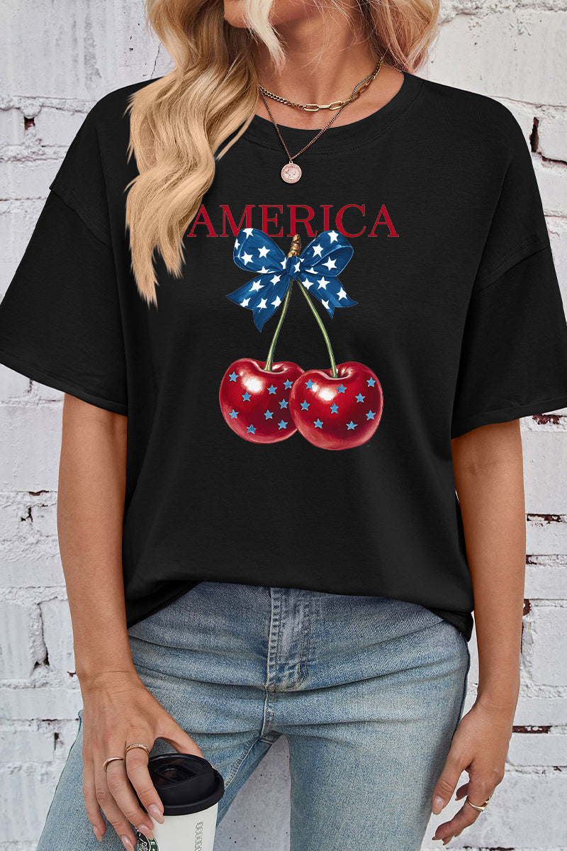 Patriotic Cherry Print Rayon Tee Oversized Casual Top