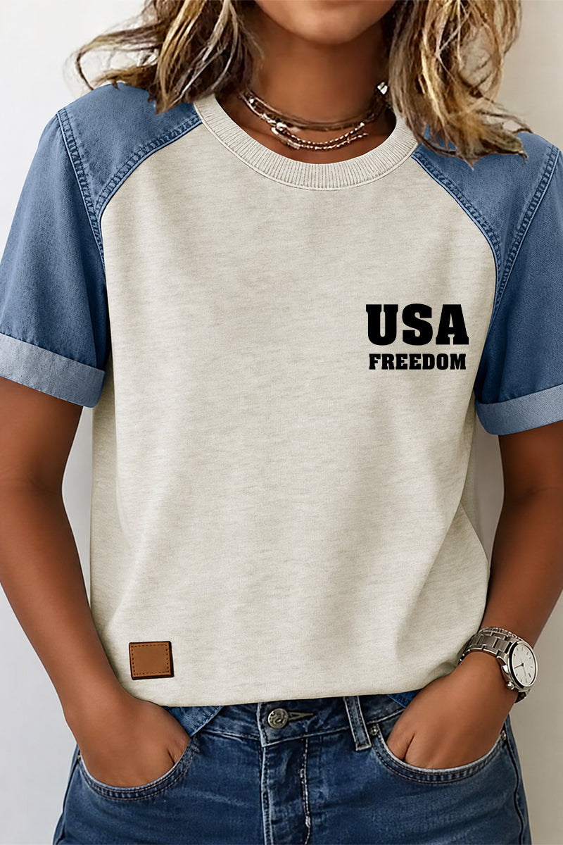 Patriotic Graphic Tee Denim Patchwork Wing Back Top