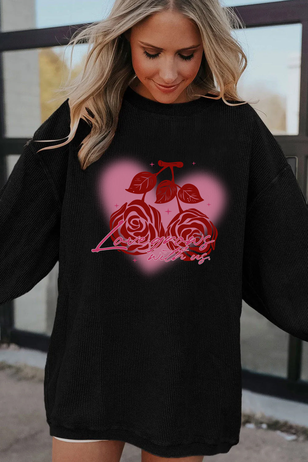 Valentine Rose Heart Corduroy Ribbed Oversized Sweatshirt