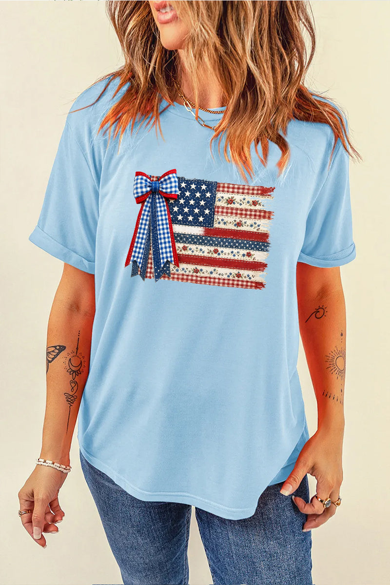 USA Flag Bow Graphic Tee Women Patriotic 4th of July Top