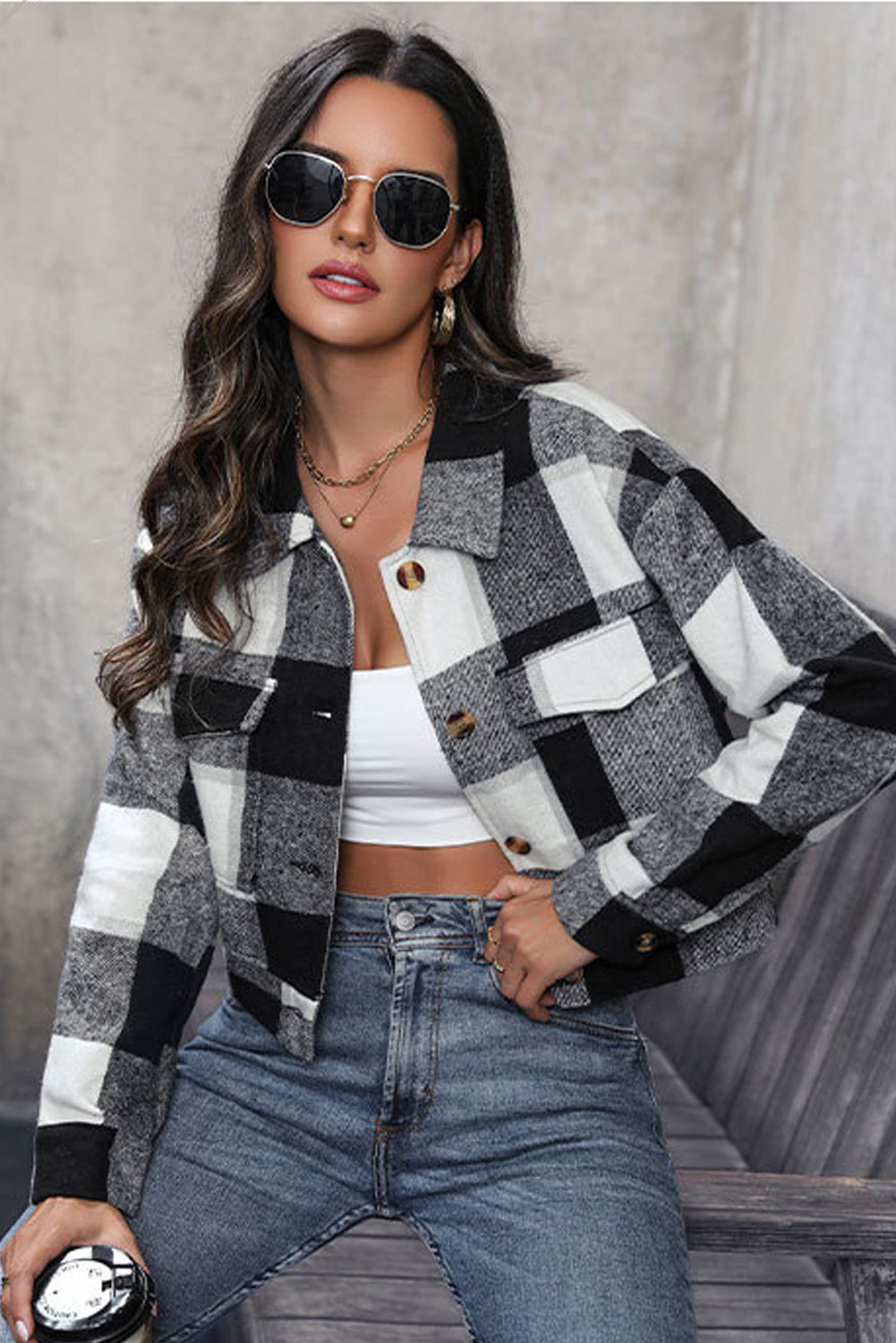 Sleeve Buttoned Cardigan Plaid Jacket With Pockets