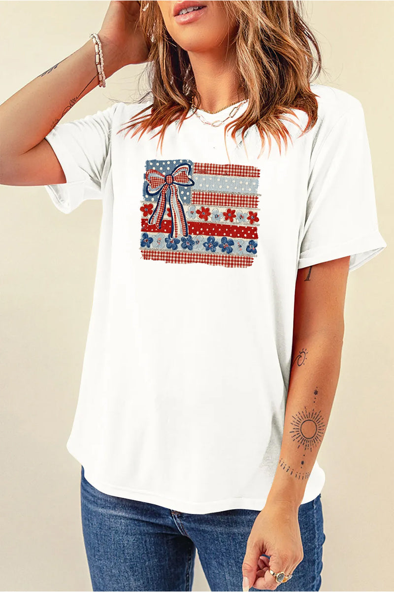 USA Bow Flag Graphic Tee Women Patriotic Summer Top