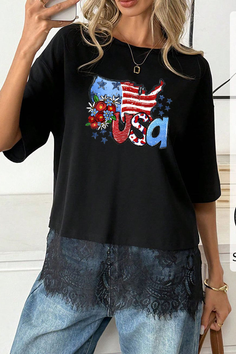 USA Graphic Woven Tee Lace Hem Flag Cute Summer Top