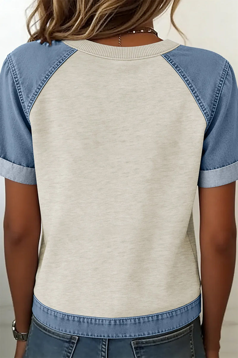 Letter Print Denim Patchwork Tee Casual