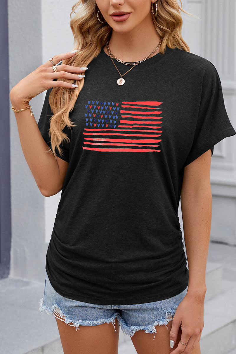 USA Flag Graphic Ruched Side Casual Summer Tee