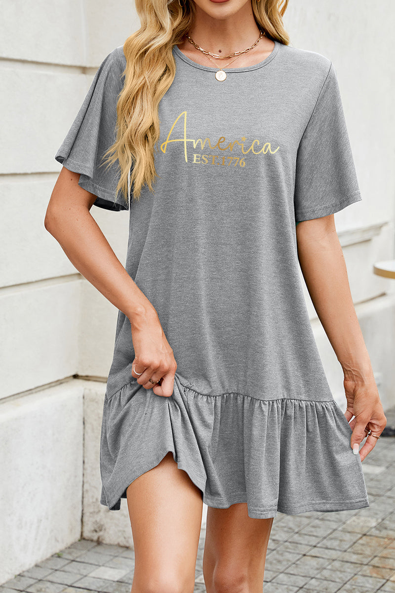 America Letter Cotton Dress Casual Ruffle Trendy