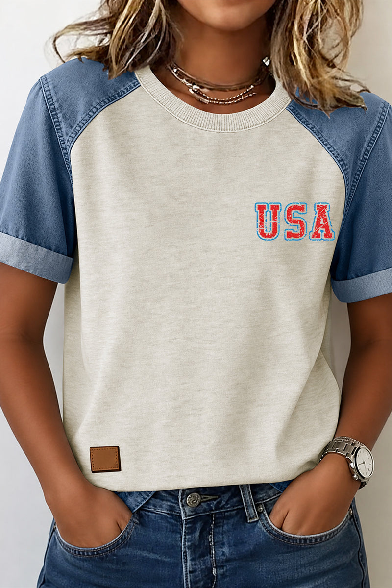Patriotic Graphic Tee Denim Patchwork USA Flag Top