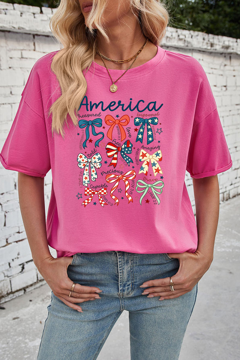 America Bow Print Rayon Tee Oversized Patriotic Top