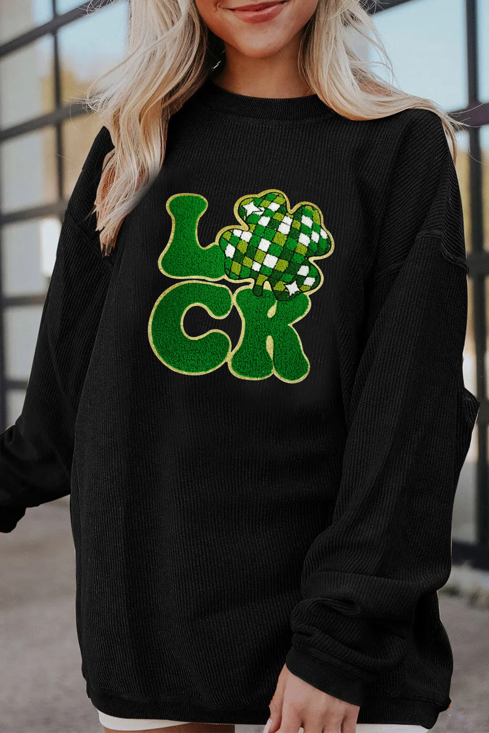 Saint Patrick’s Day LUCK Clover Graphic Corded Sweatshirt