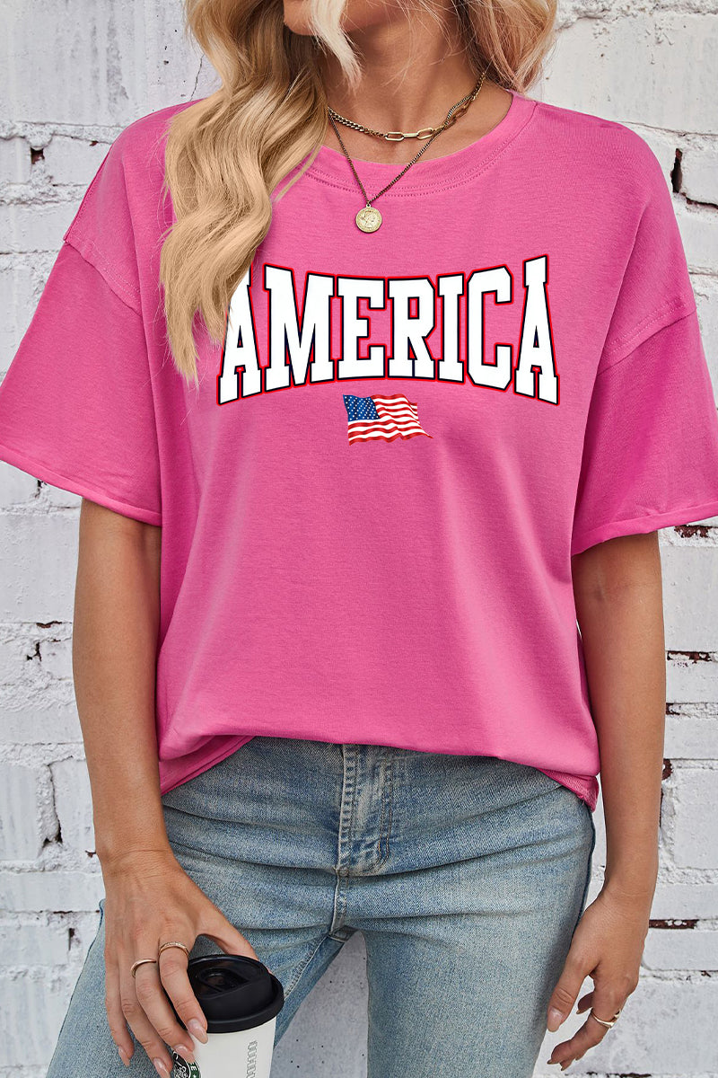 Bold America Flag Print Rayon Tee Oversized Patriotic Top