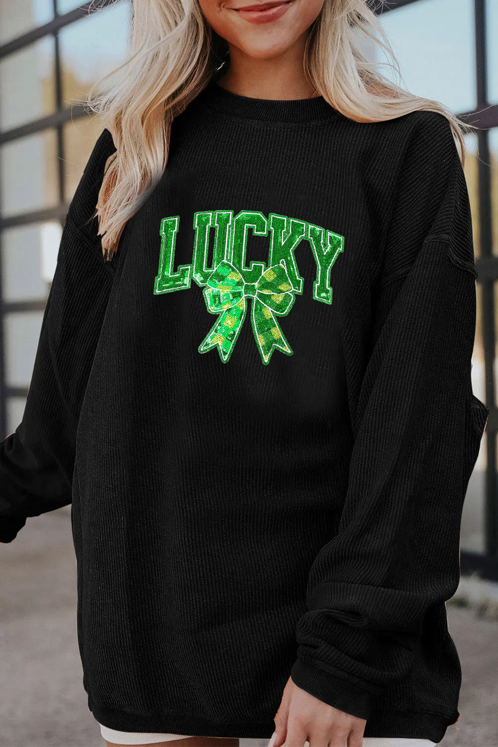 Saint Patrick's Day Lucky Sequin Clover Graphic Sweatshirt