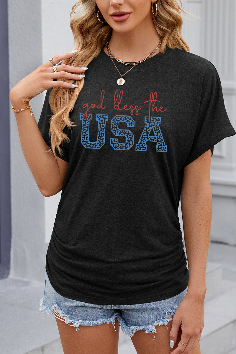 Script USA Letter Graphic 4th of July Casual Patriotic Tee
