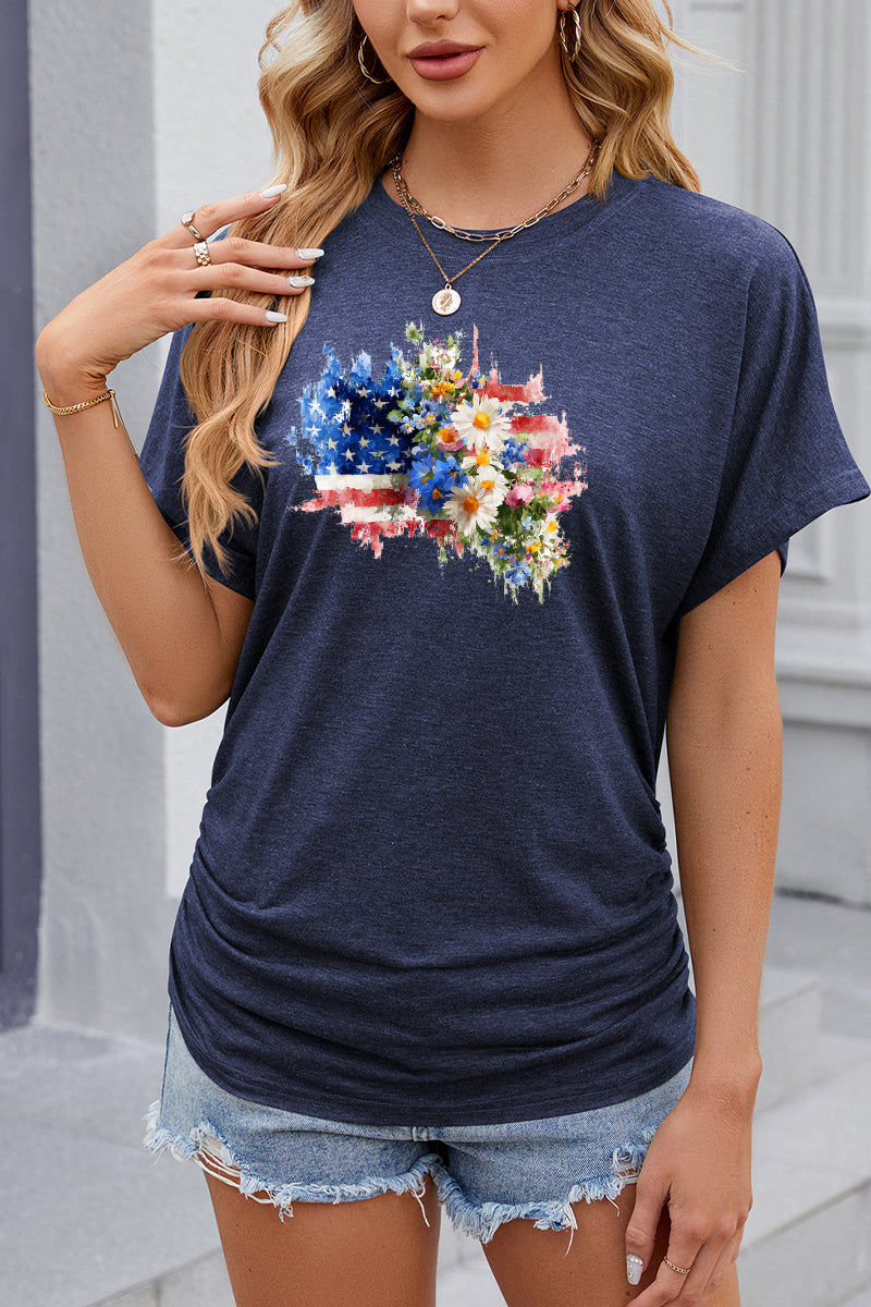 American Flag Floral Graphic Independence Day T Shirt