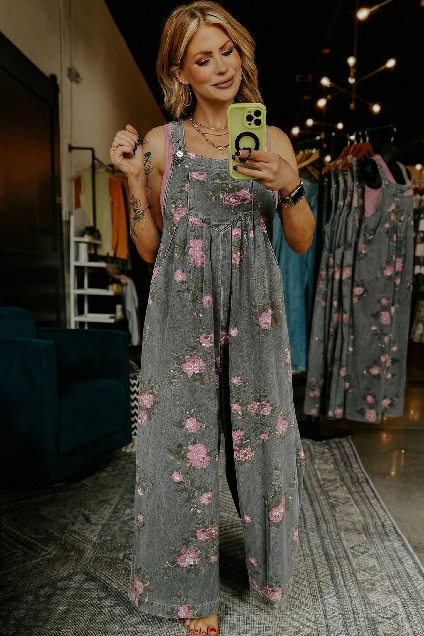 Beau Floral Print Pleated High Waist Wide Leg Denim Jumpsuit