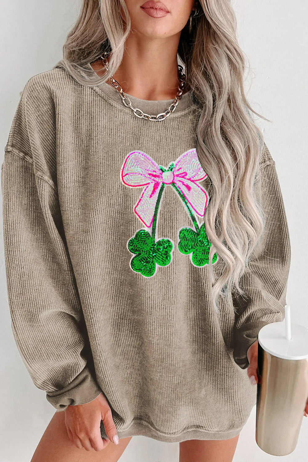 Saint Patrick’s Day Sequin Bow Clover Graphic Sweatshirt