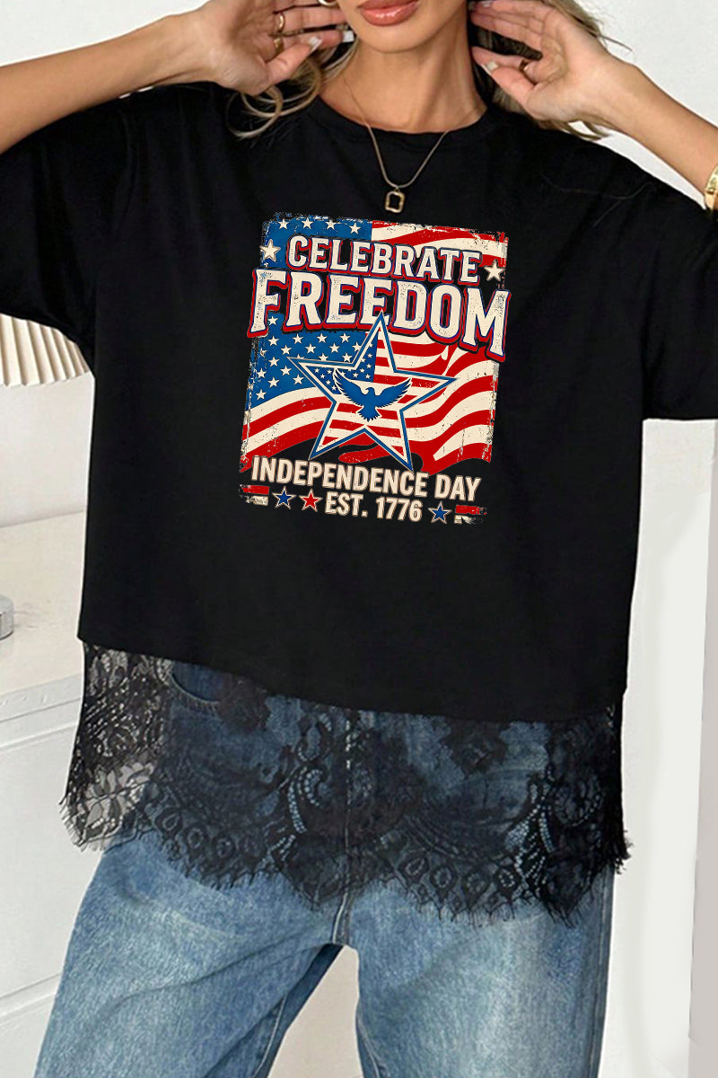 USA Flag Graphic Tee Lace Trim Patriotic 1776 Summer