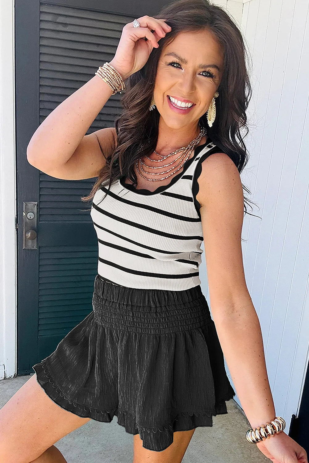 Striped Scalloped Edge U Neck Sleeveless Sweater Vest