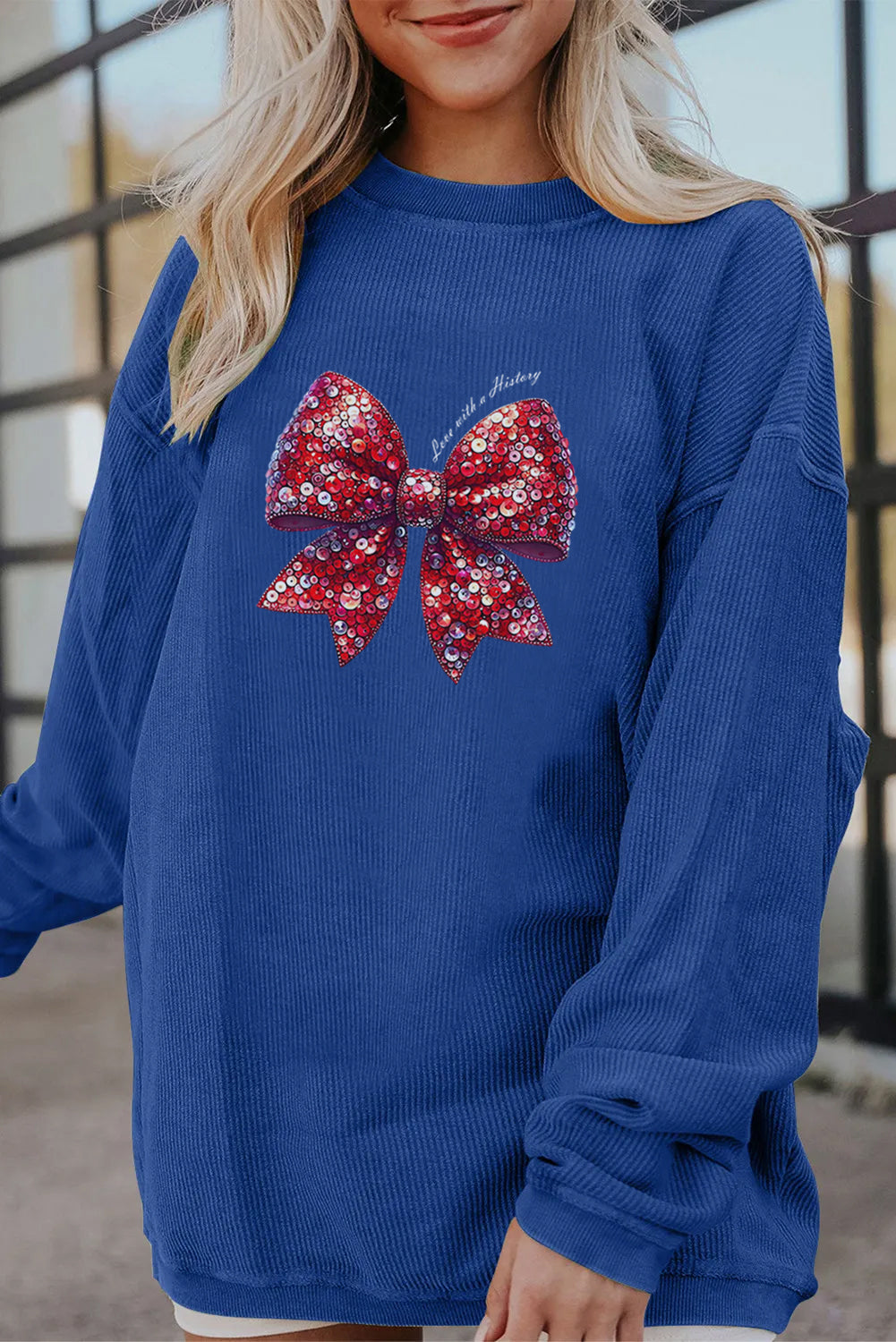 Valentines Day Sequin Bow Graphic Cozy Sweatshirt