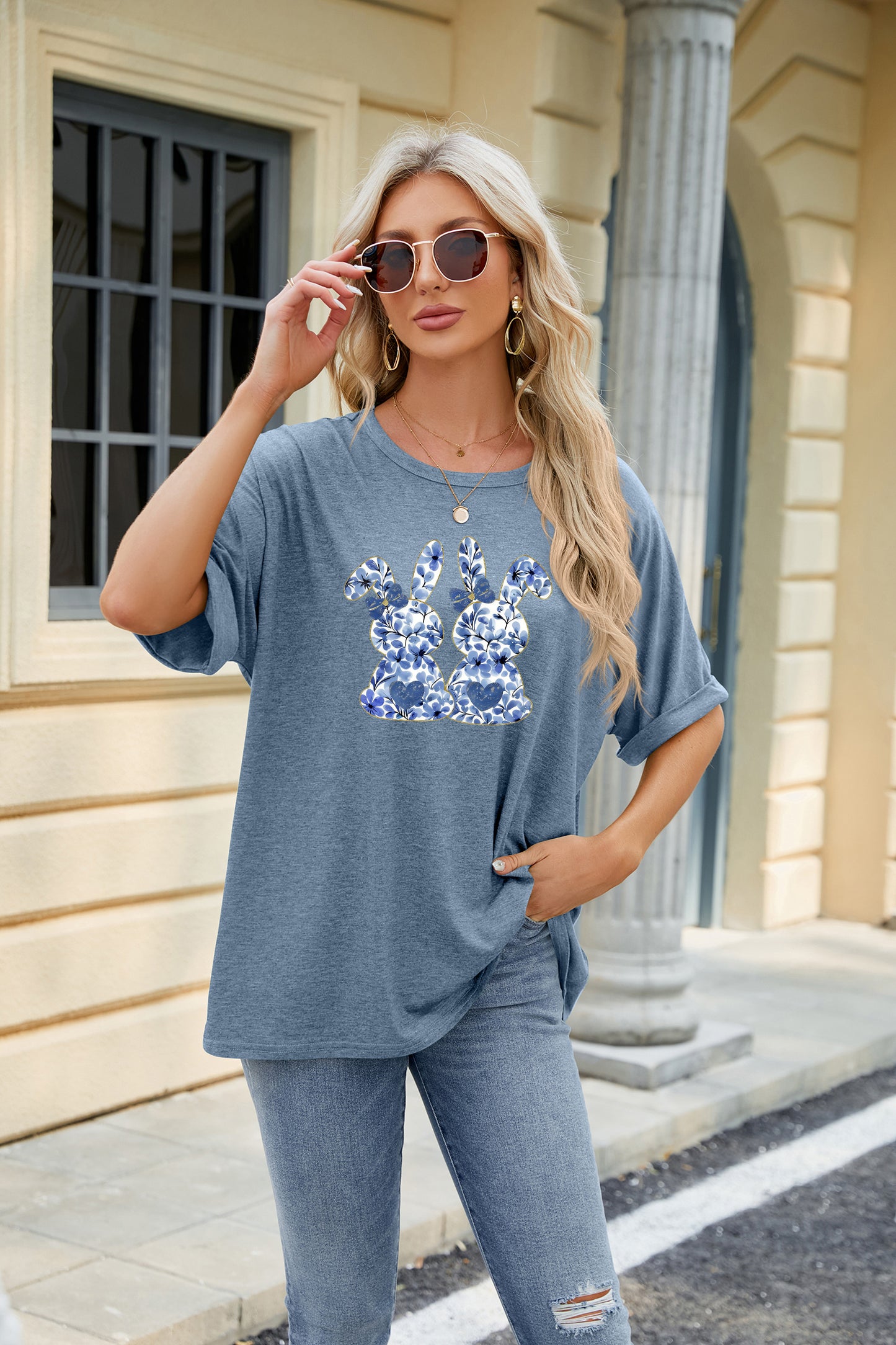 Easter Bunny Graphic Casual Oversized Short Sleeve Tee