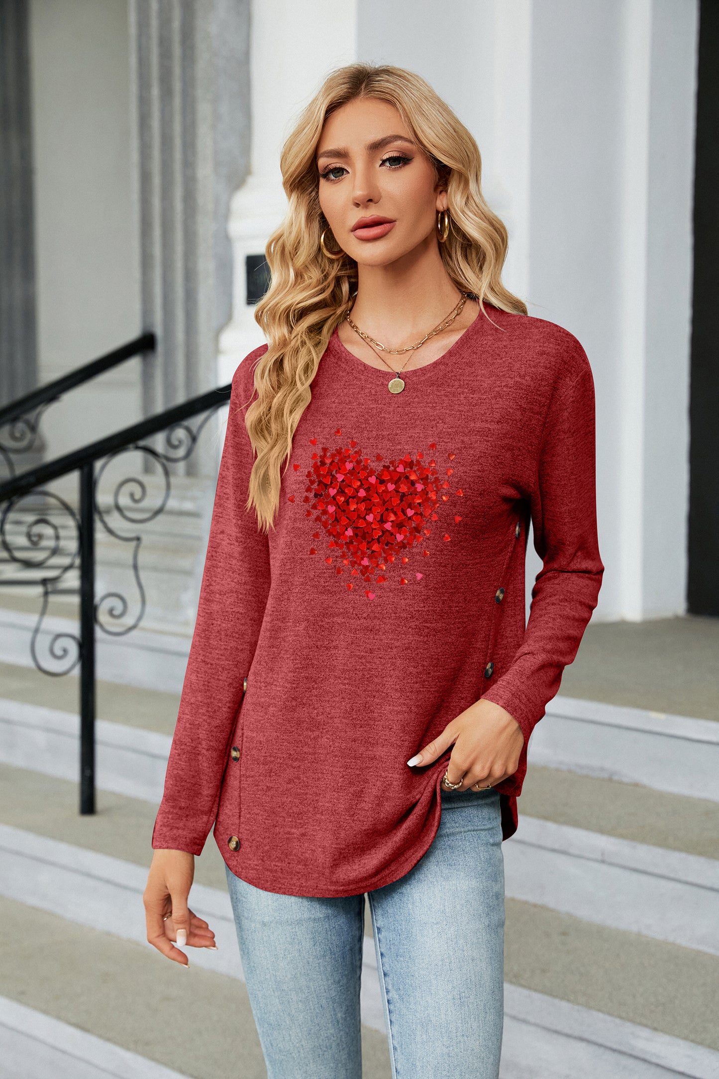 Valentine's Day Red Heart Pattern Casual Long Sleeve Top