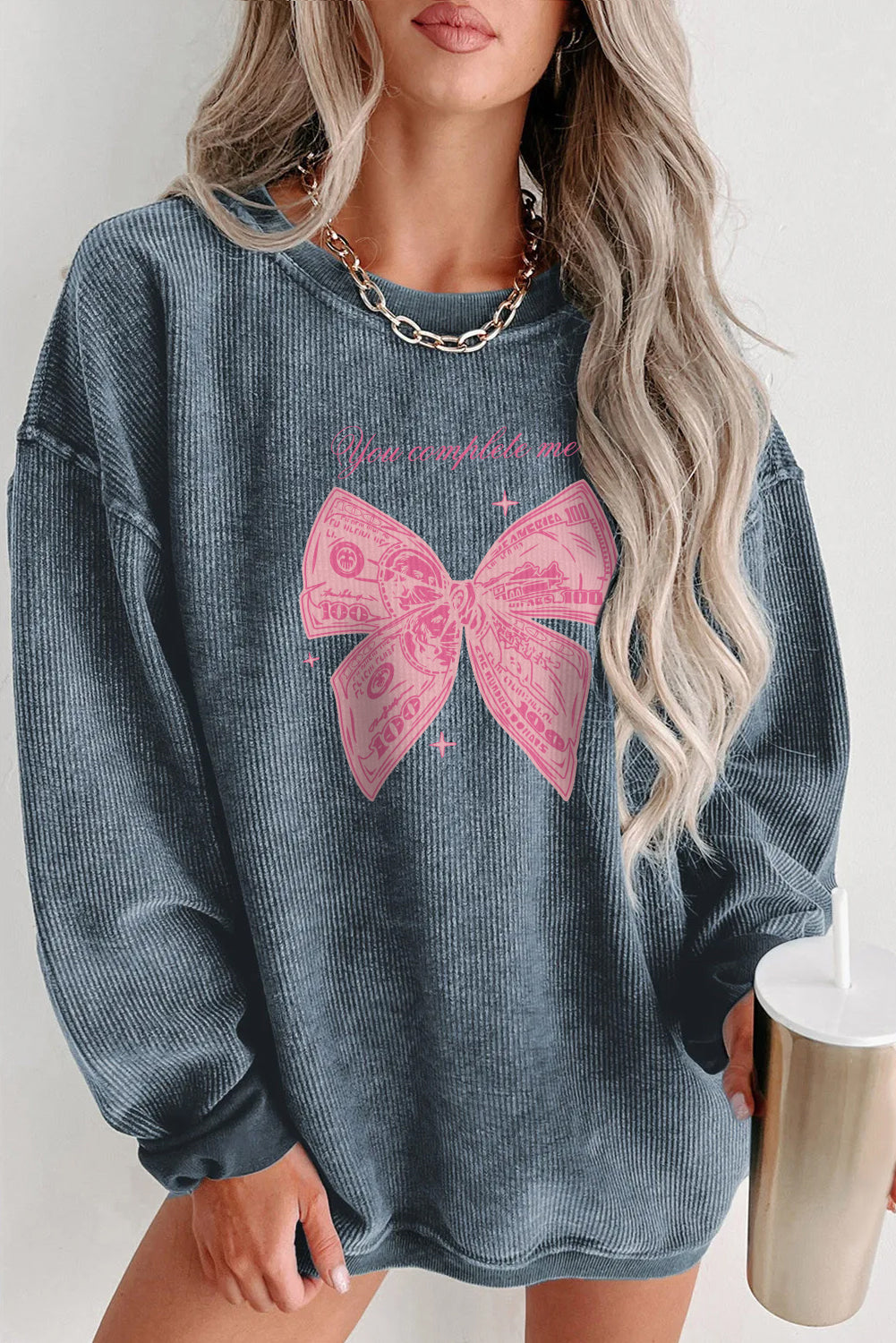Valentine's Day Cute Pink Bow Oversized Corduroy Pullover