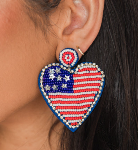 Sail Blue Rhinestone Beaded American Flag Heart Earrings
