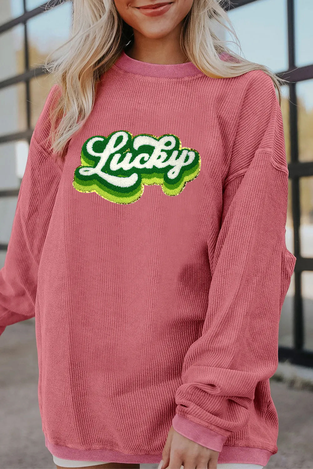 Saint Patrick’s Day Lucky Chenille Graphic Corded Sweatshirt
