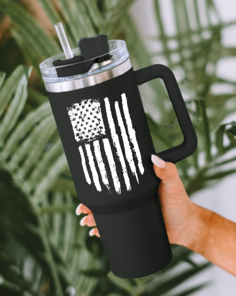 Black American Flag Print Stainless Steel Portable Cup with Handle 40oz