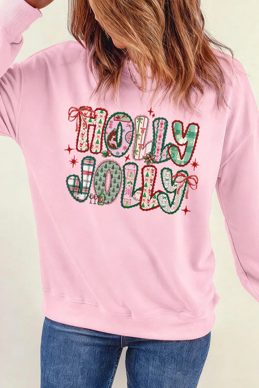 Pink HOLLY JOLLY Cute Holiday Graphic Sweatshirt