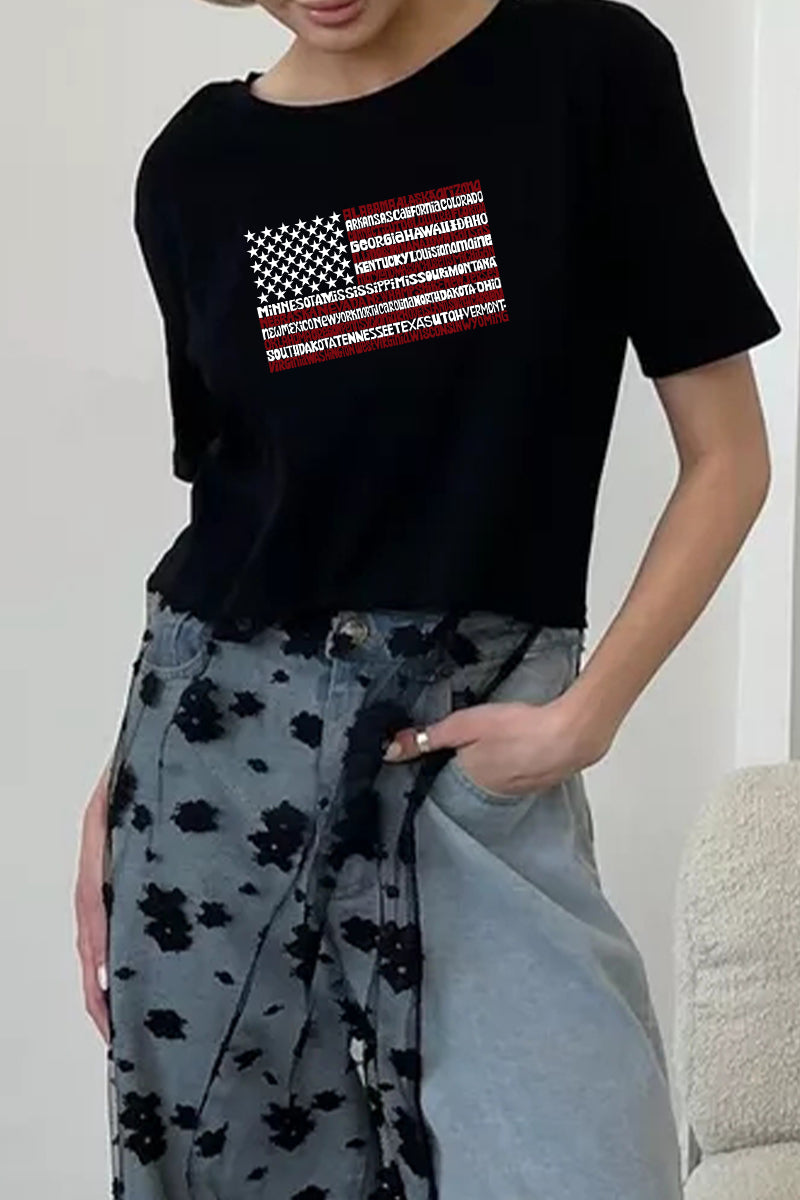 Patriotic Flag Graphic Tee Lace Patchwork Top
